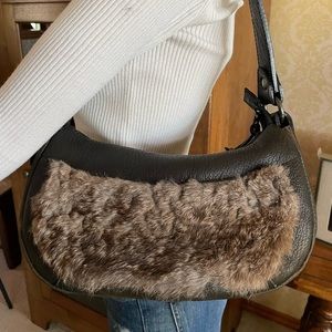 One of a kind, handmade leather and rabbit fur purse from repurposed leather.
